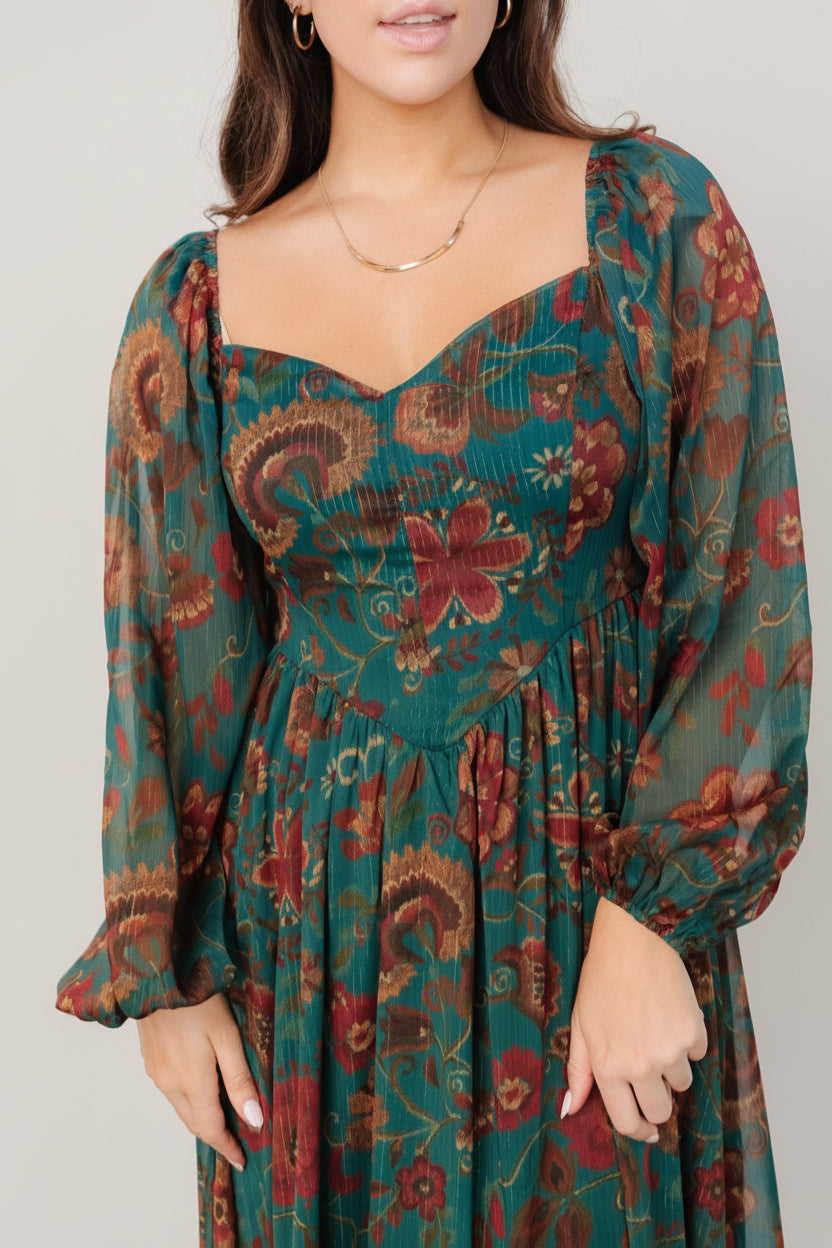 Close-up of chiffon fabric with vertical metallic thread and printed florals on the Babette Basque Waist midi dress, highlighting texture.