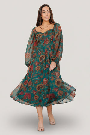 Baltic Born Womens Babette Basque Waist Dress | Teal Multi Floral