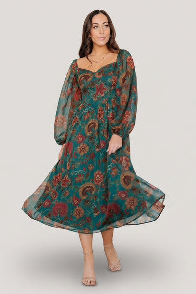 Babette Basque Waist Dress | Teal Multi Floral Babette Basque Waist Dress | Teal Multi Floral