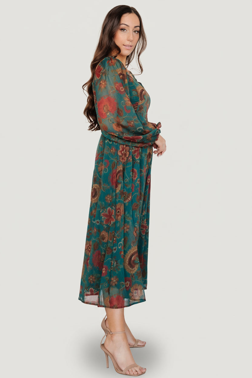 Babette Basque Waist Dress | Teal Multi Floral