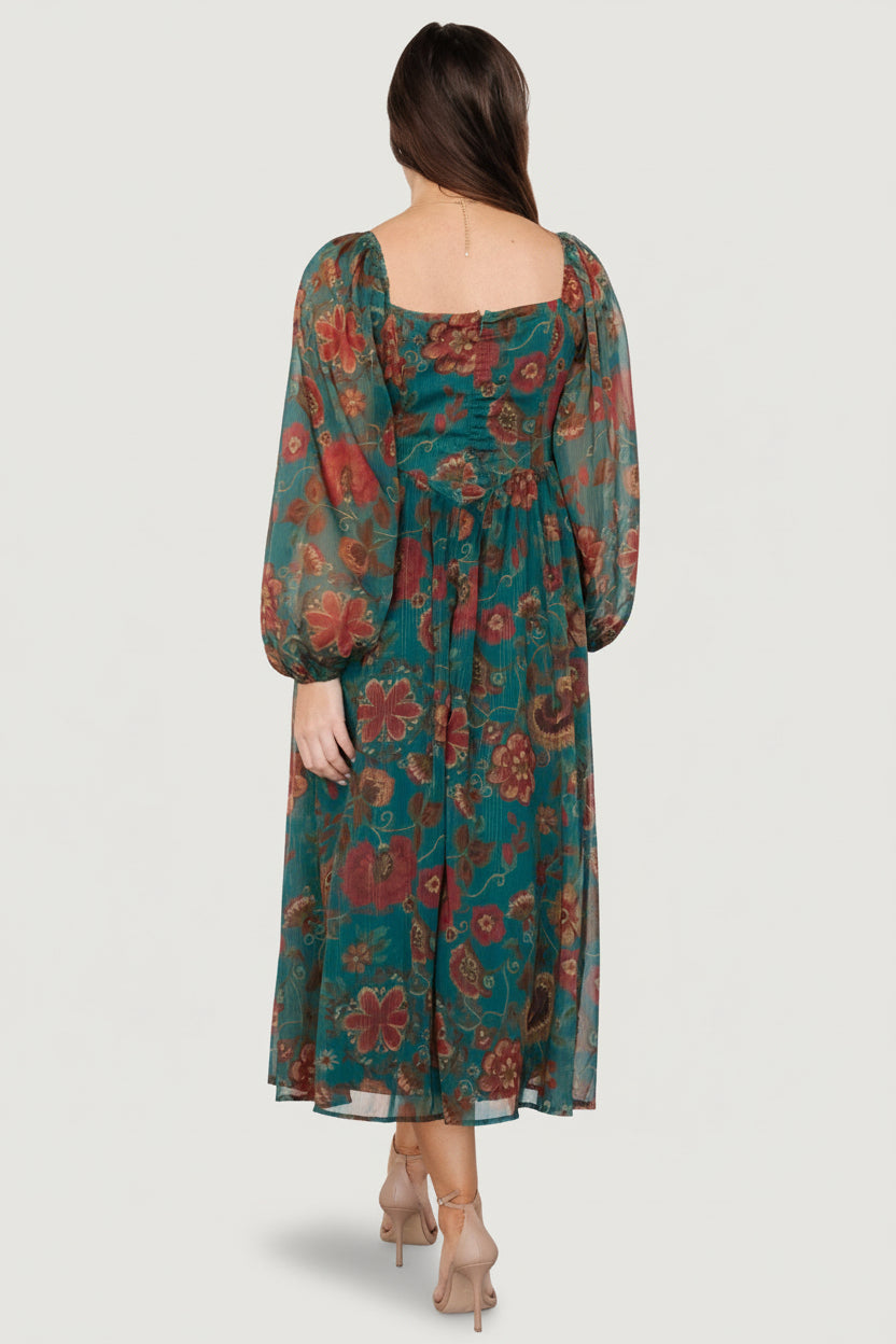 Full-length studio shot of Babette Basque Waist midi dress showing relaxed straight fit, basque shaping, and midi hem.