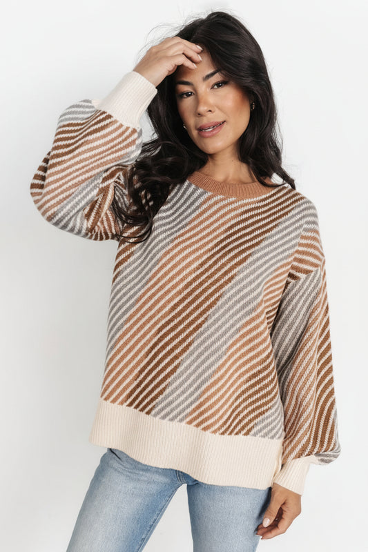 Front view of Baldwin striped sweater in multi-color showing round neckline, ribbed hem, and relaxed, comfortable silhouette for everyday wear.