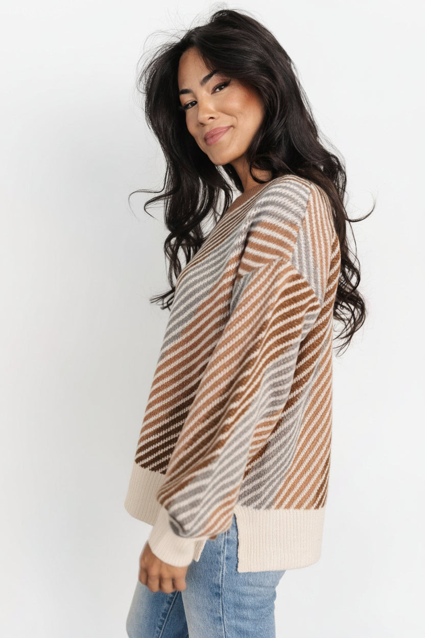 Close-up of sweater knit texture and ribbed collar with multi-color diagonal stripes and soft acrylic yarn for a cozy hand and finish.