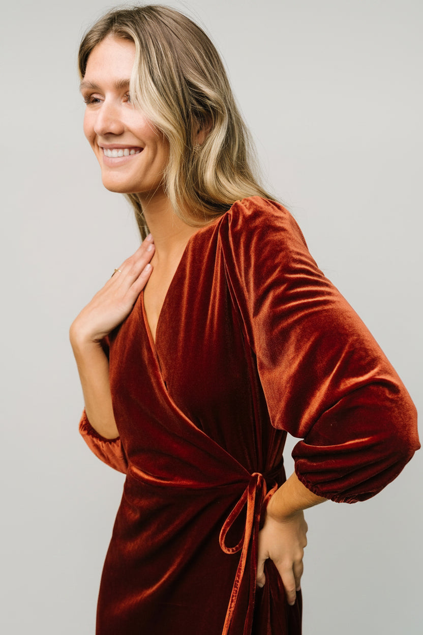 Beckinsale Velvet Wrap Dress | Cinnamon