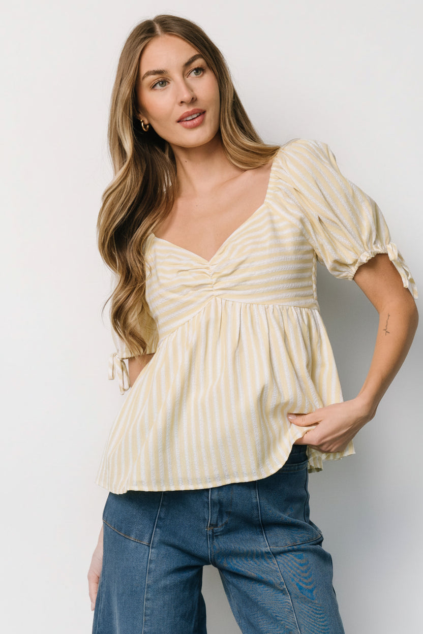 Styled outfit image showing the Betsy Peplum Top paired with mid-rise wide-leg jeans to illustrate a casual spring or summer look.