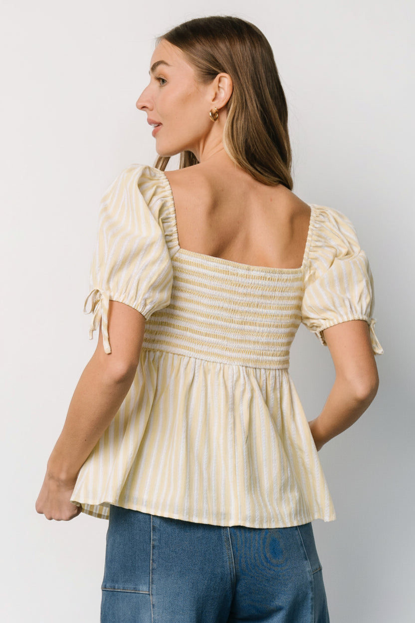 Fabric and lining detail of the Betsy Peplum Top: 70% cotton/30% polyester shell with 100% cotton lining visible in yellow and white stripes.