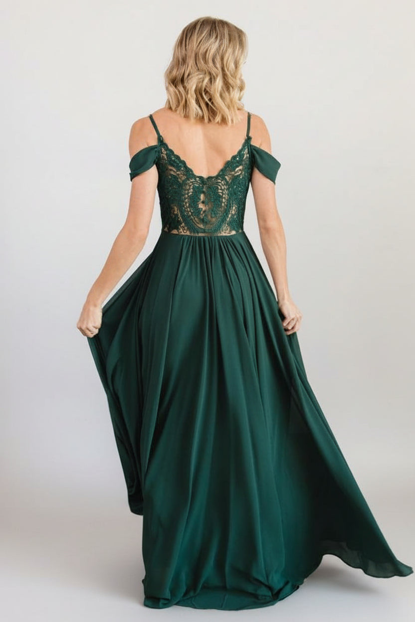 Three-quarter view of Bianca Lace Maxi Dress showing adjustable double shoulder straps, structured bust and lace back bodice detail.