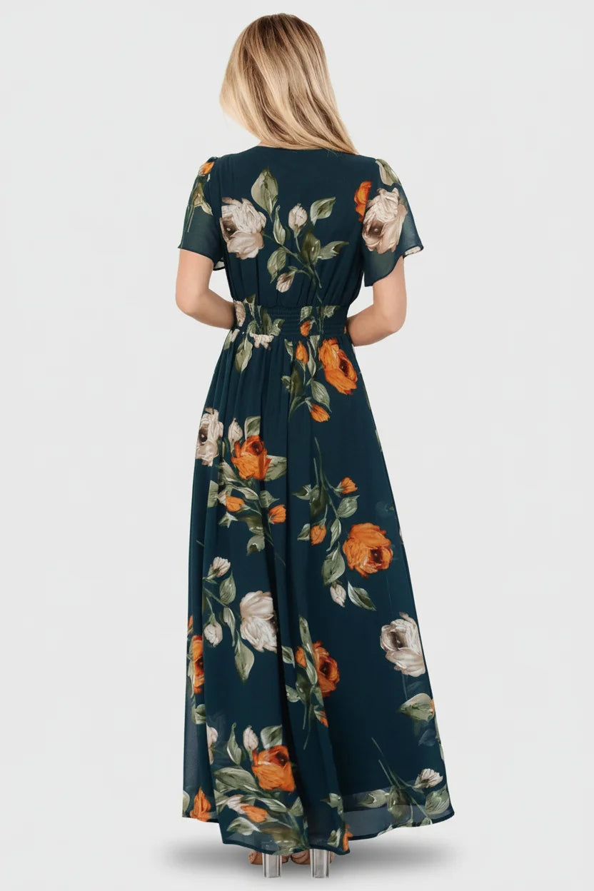 Birdie Maxi Dress - Deep Topaz Floral V-Neck | Baltic Born L Birdie Maxi Dress - Deep Topaz Floral V-Neck | Baltic Born L