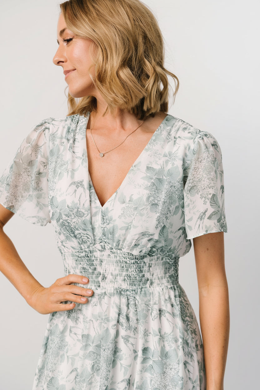Detail of short flutter sleeve and shoulder seam on the Birdie Maxi Dress, showing lightweight chiffon and print.