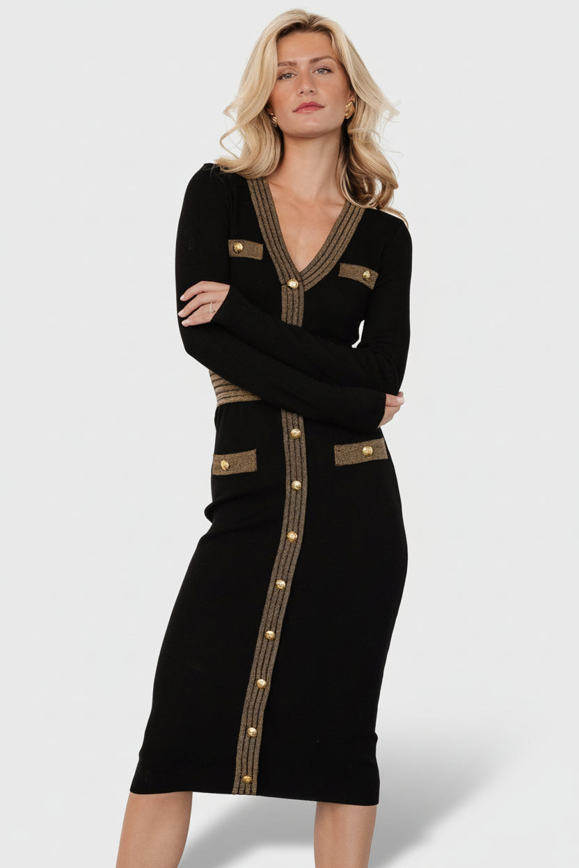 Baltic Born Womens Birgitta Ribbed Sweater Dress | Black + Gold | Size: Large Baltic Born Womens Birgitta Ribbed Sweater Dress | Black + Gold | Size: Large