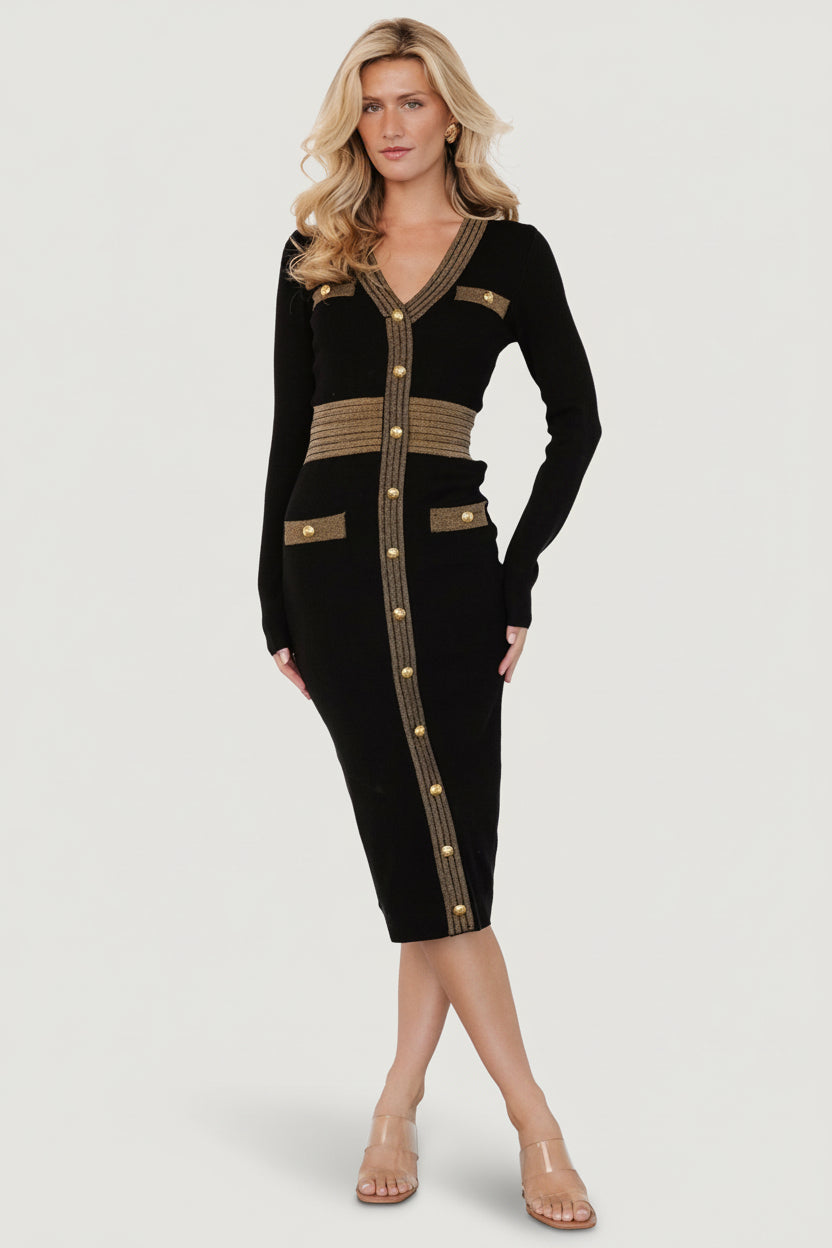 Baltic Born Womens Birgitta Ribbed Sweater Dress | Black + Gold | Size: Large Baltic Born Womens Birgitta Ribbed Sweater Dress | Black + Gold | Size: Large