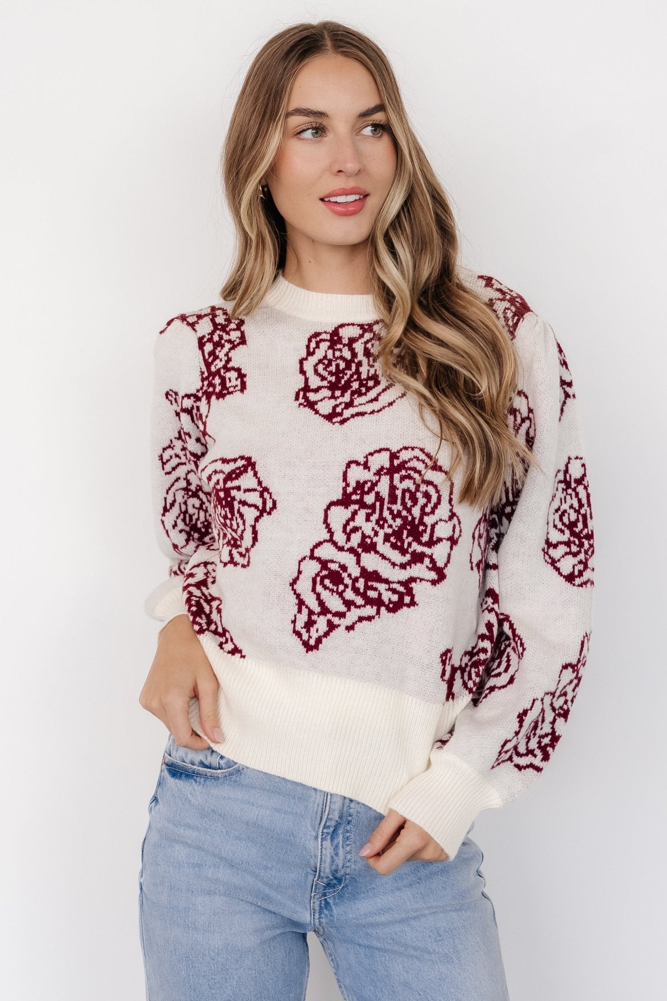 Blake Floral Sweater | Off White + Burgundy - Baltic Born