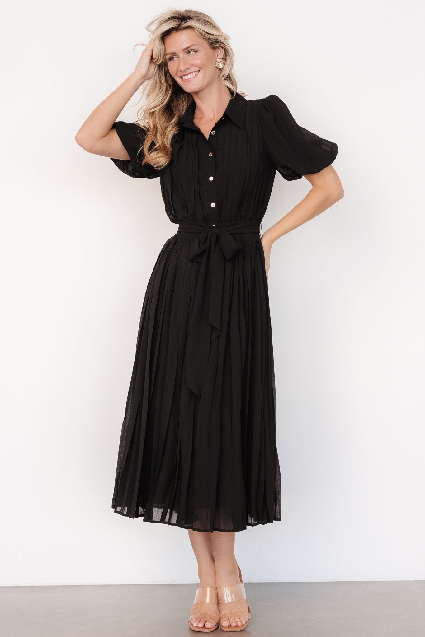 Boston Pleated Button Dress | Black - Baltic Born