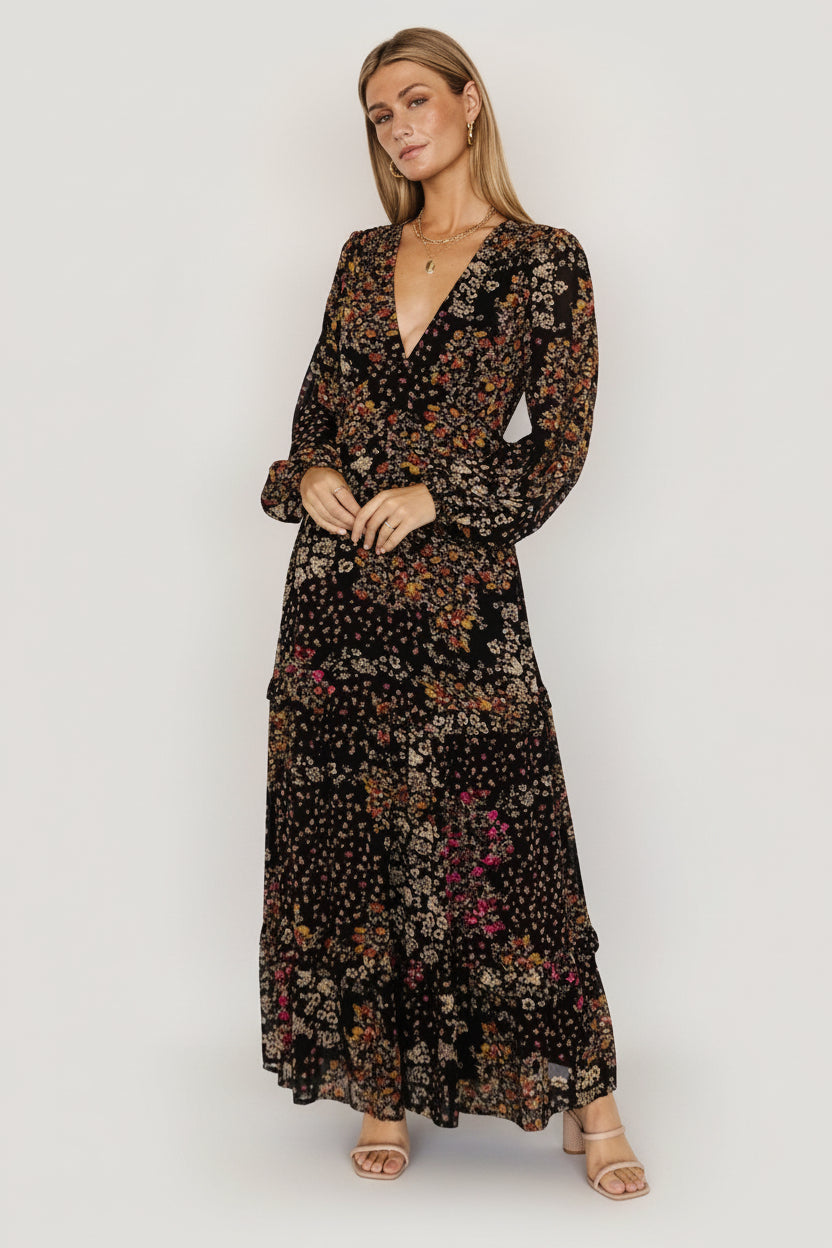 Full-length front view of Bowman Deep V Tiered Maxi Dress in Black Multi floral, showing deep V neckline and flowing skirt.