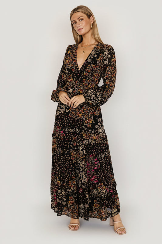 Full-length front view of Bowman Deep V Tiered Maxi Dress in Black Multi floral, showing deep V neckline and flowing skirt.