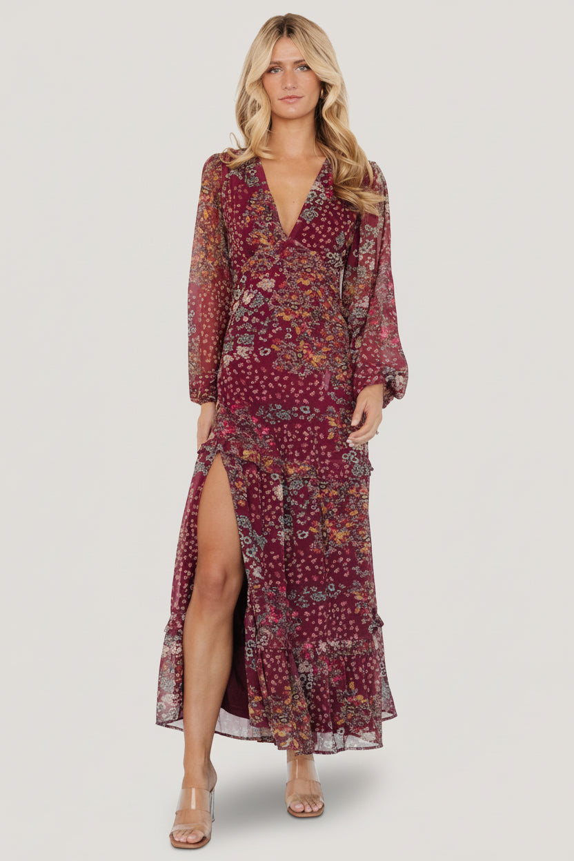 Bowman Deep V Maxi Dress | Burgundy Multi Bowman Deep V Maxi Dress | Burgundy Multi