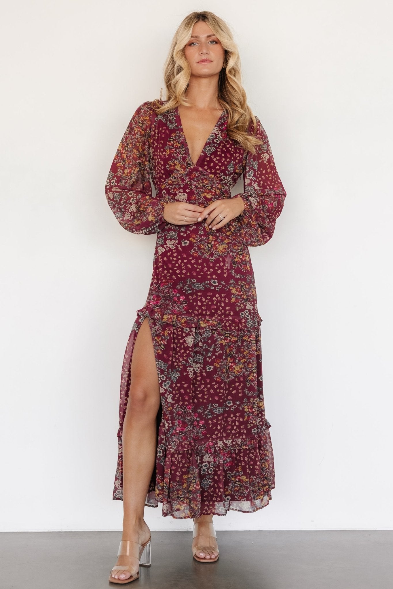 Bowman Deep V Maxi Dress | Burgundy Multi - Baltic Born