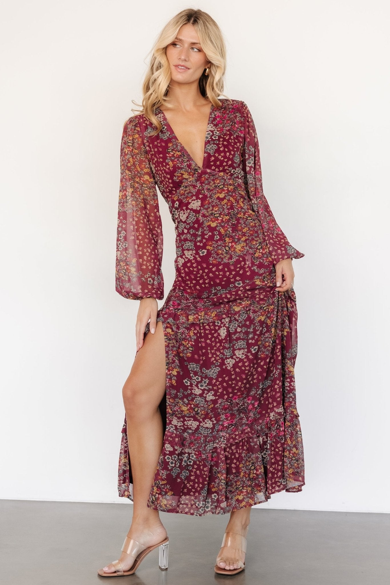 Bowman Deep V Maxi Dress | Burgundy Multi - Baltic Born