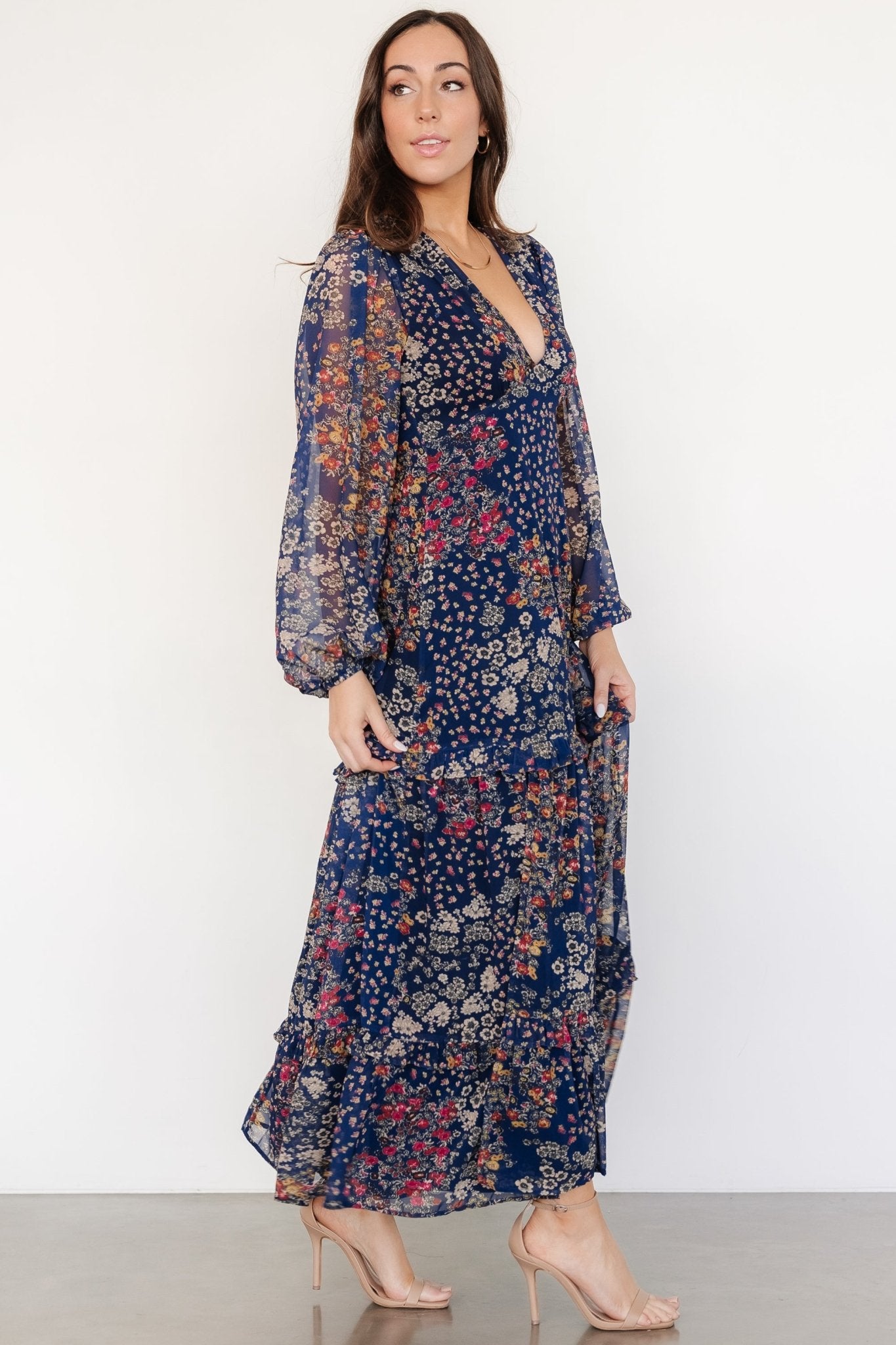 Bowman Deep V Maxi Dress | Dark Blue Multi - Baltic Born