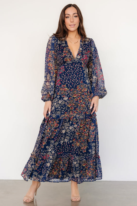 Bowman Deep V Maxi Dress | Dark Blue Multi - Baltic Born