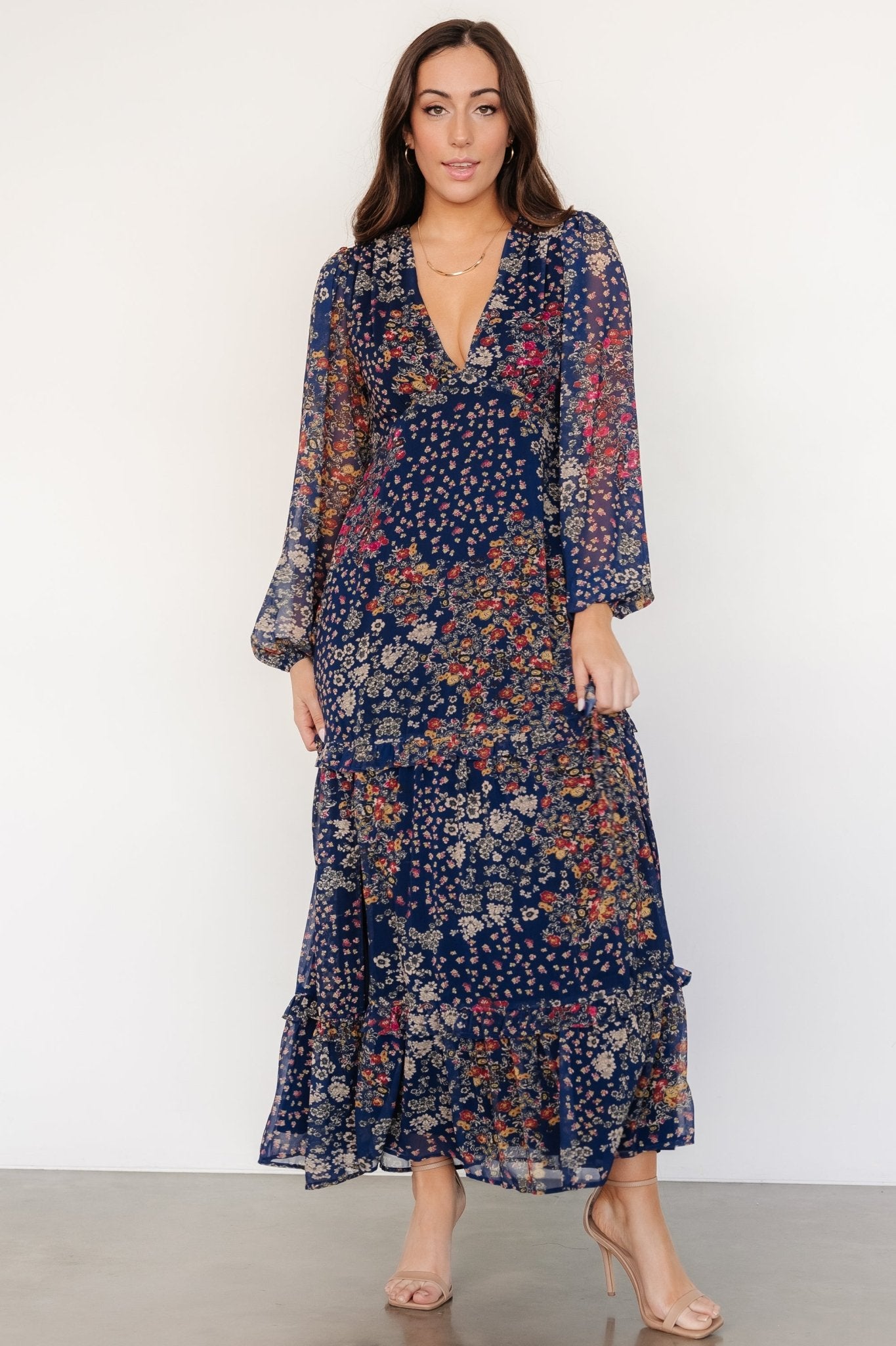 Bowman Deep V Maxi Dress | Dark Blue Multi - Baltic Born