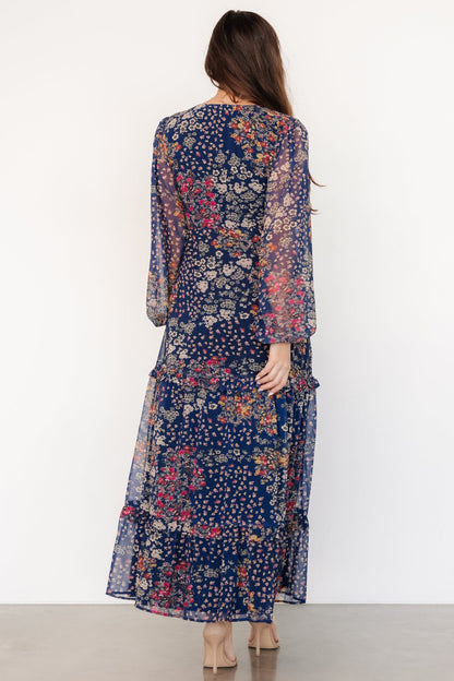 Bowman Deep V Maxi Dress | Dark Blue Multi - Baltic Born