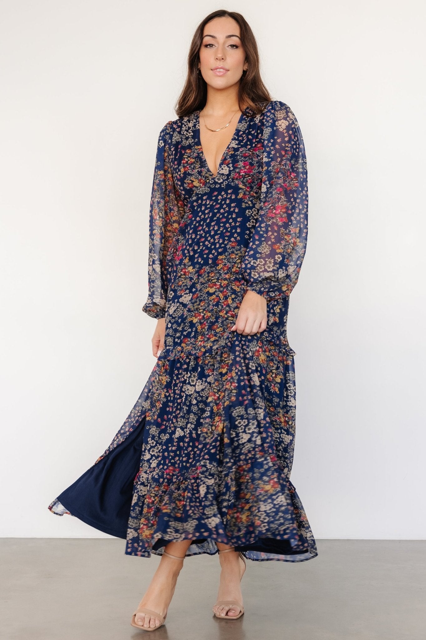 Bowman Deep V Maxi Dress | Dark Blue Multi - Baltic Born