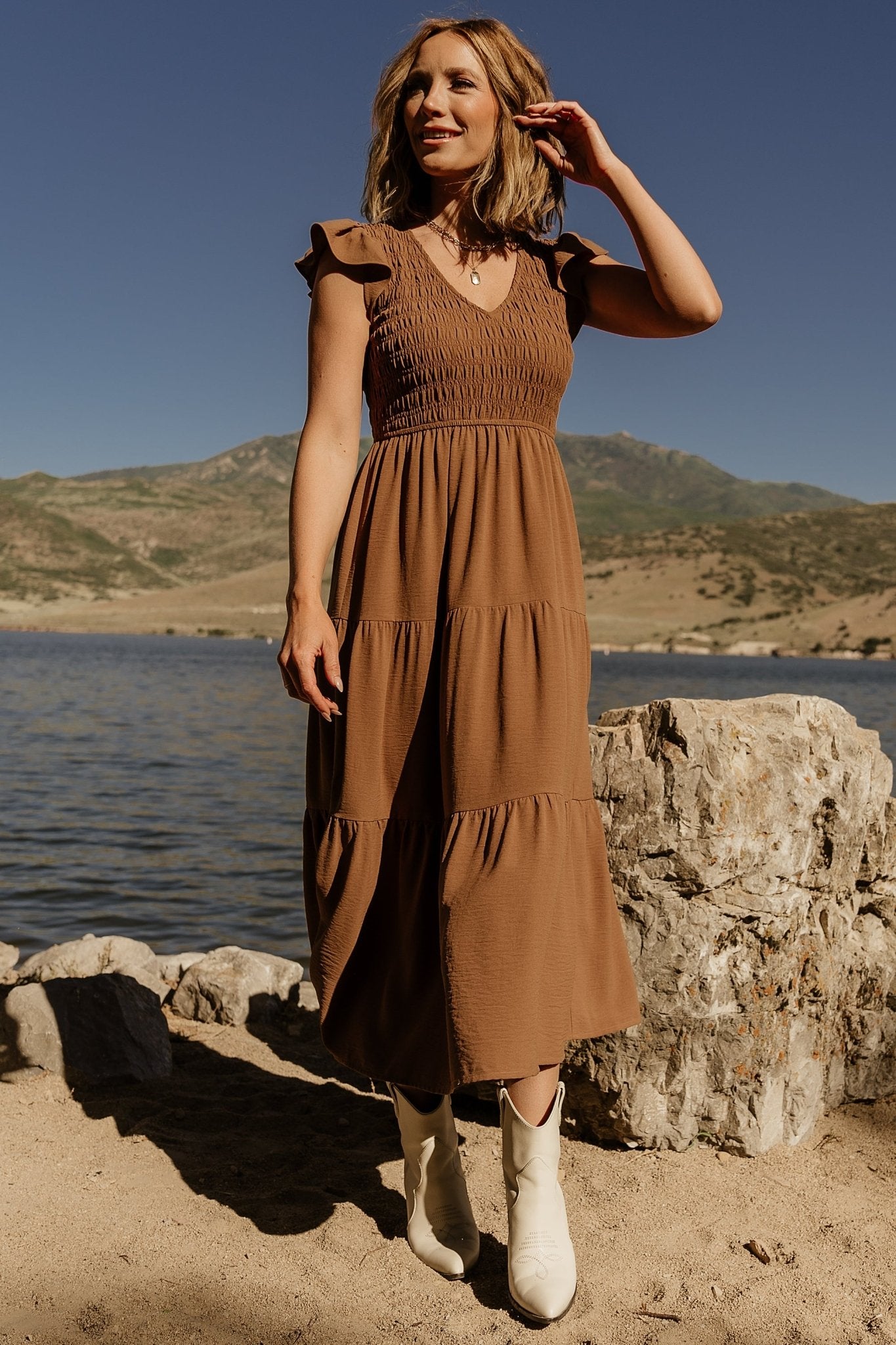 Brandie Smocked Midi Dress | Brown - Baltic Born