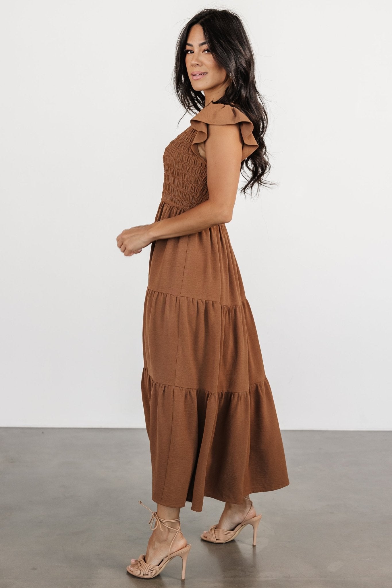 Brandie Smocked Midi Dress | Brown - Baltic Born