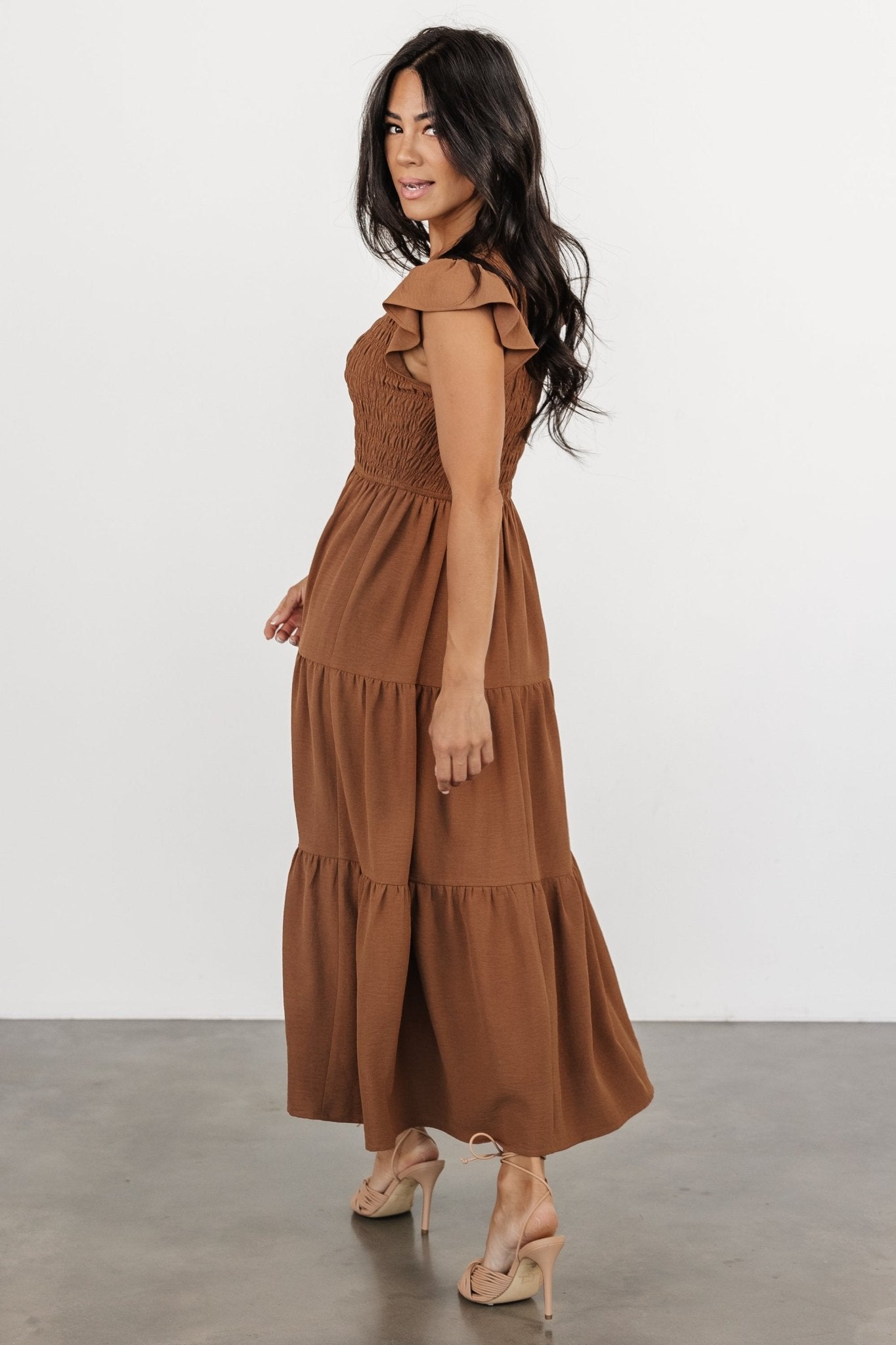 Brandie Smocked Midi Dress | Brown - Baltic Born