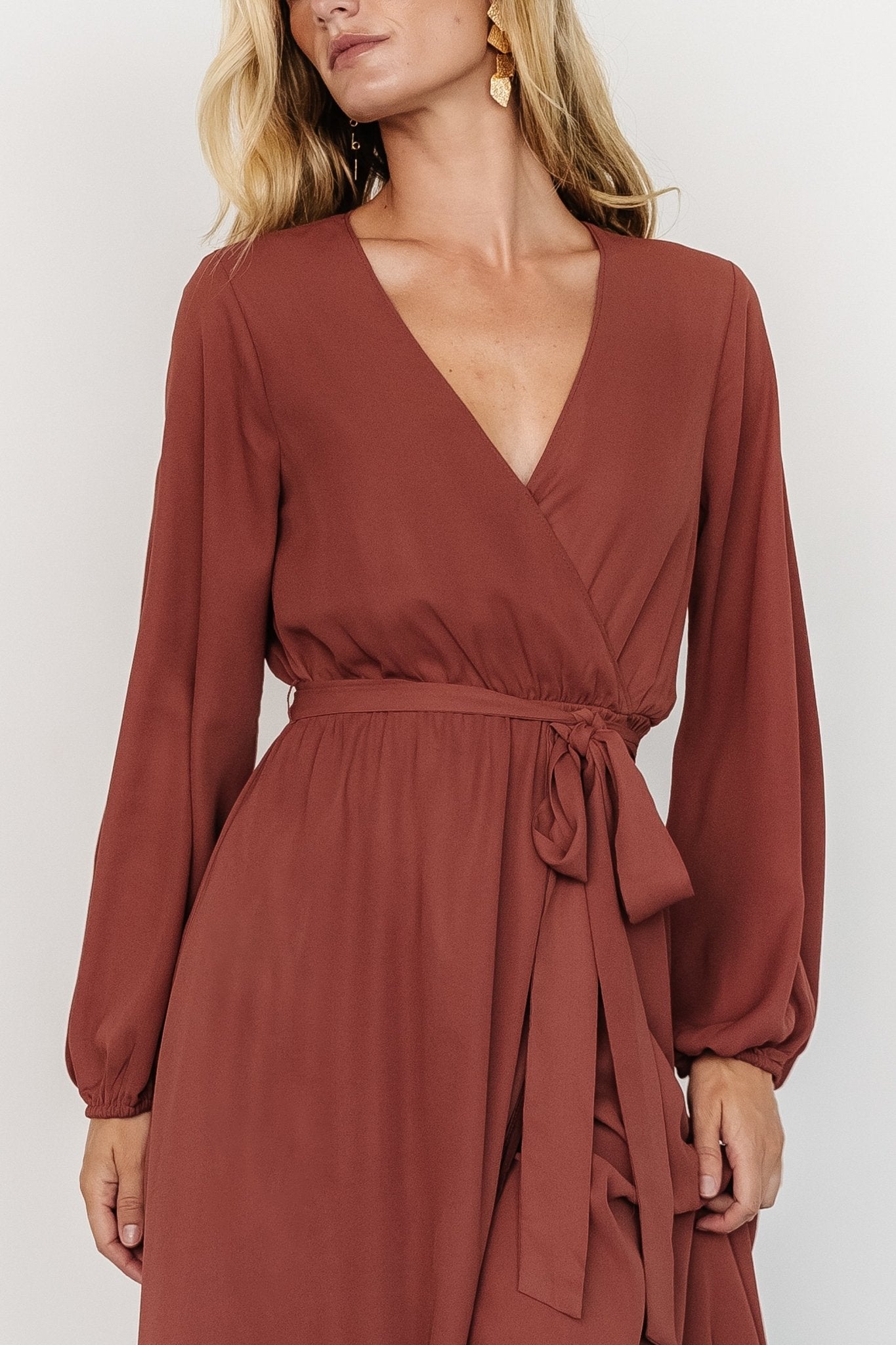 Breanne Faux Wrap Maxi Dress | Dusty Rust - Baltic Born