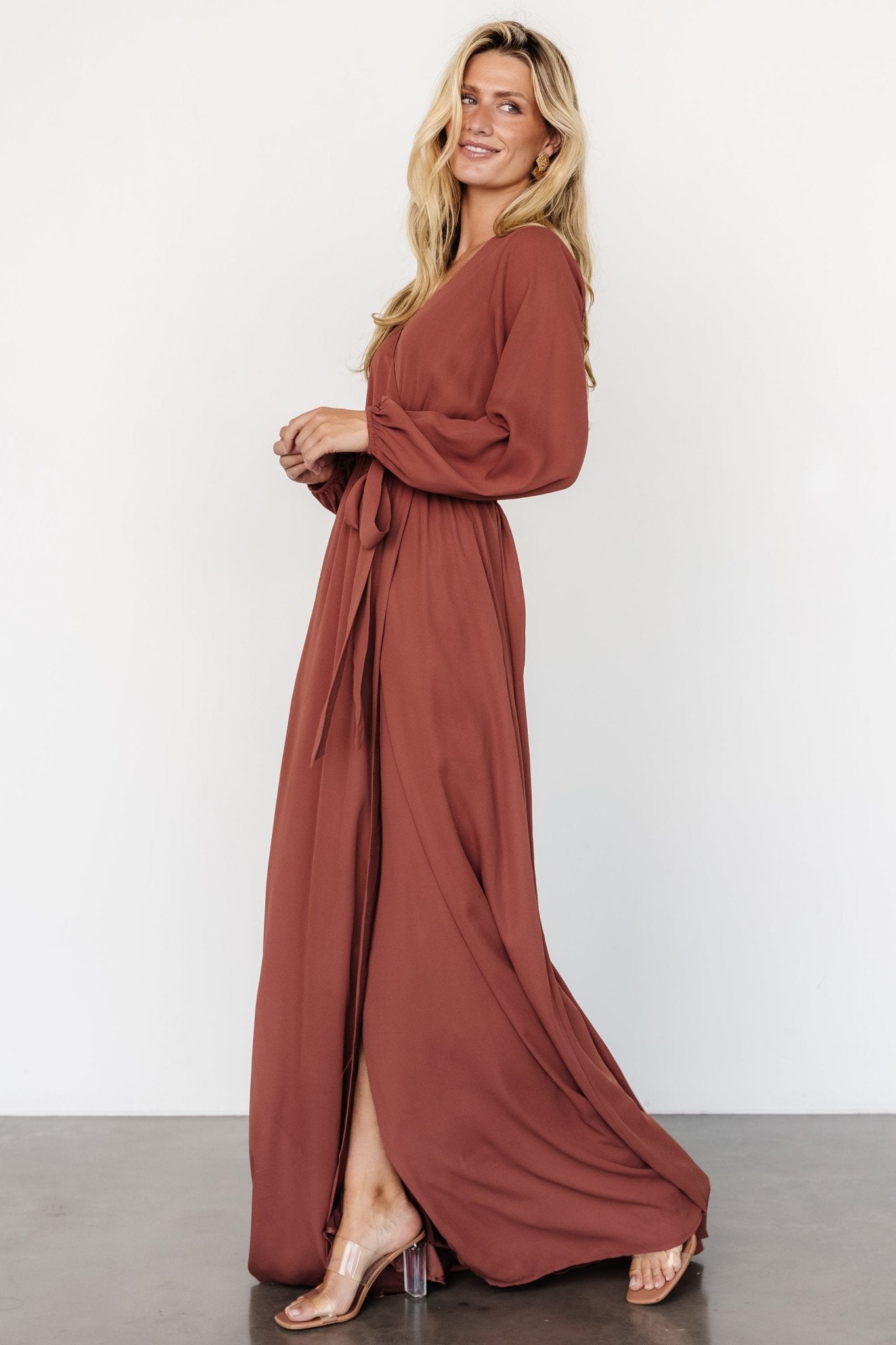 Breanne Faux Wrap Maxi Dress | Dusty Rust - Baltic Born