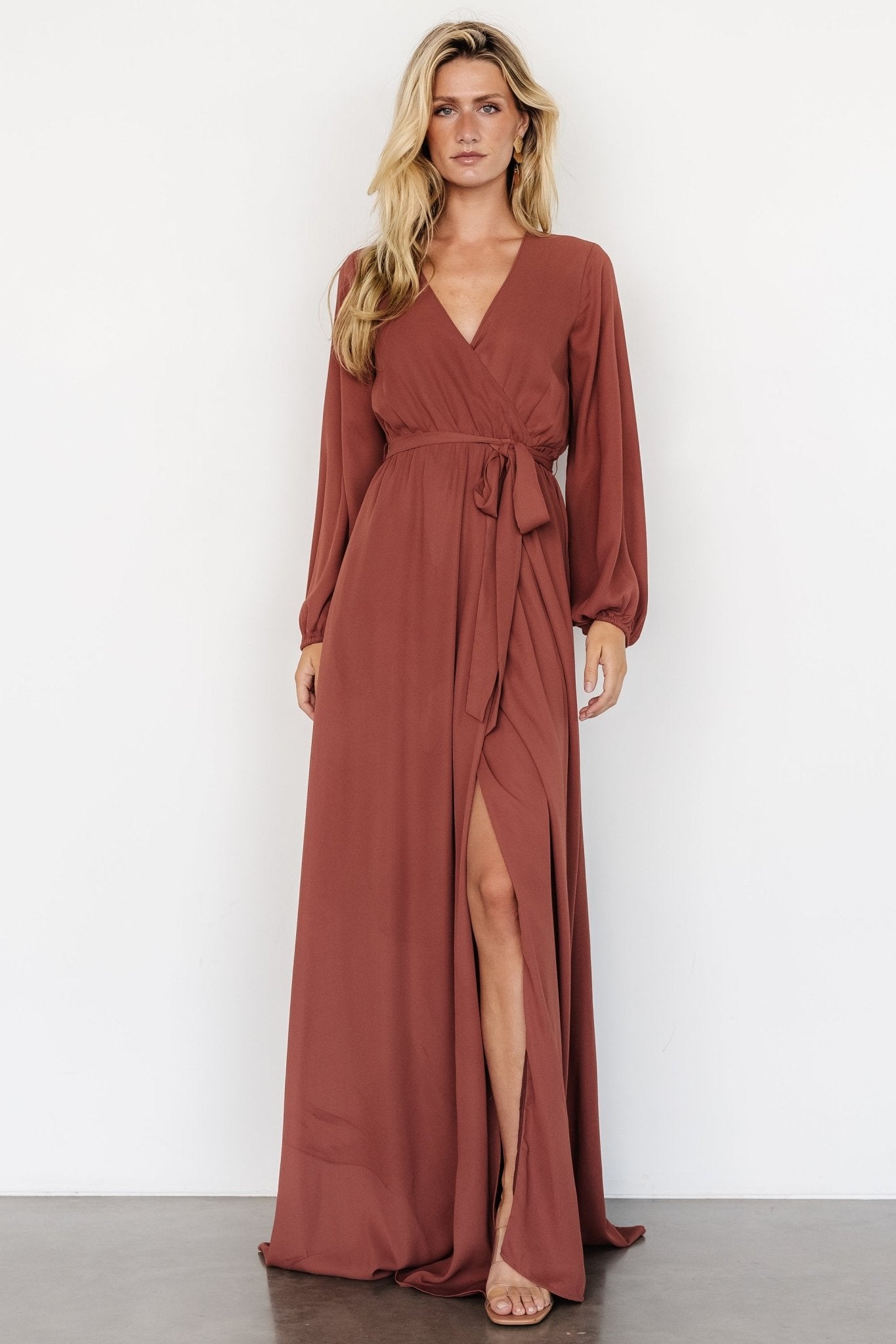 Breanne Faux Wrap Maxi Dress | Dusty Rust - Baltic Born