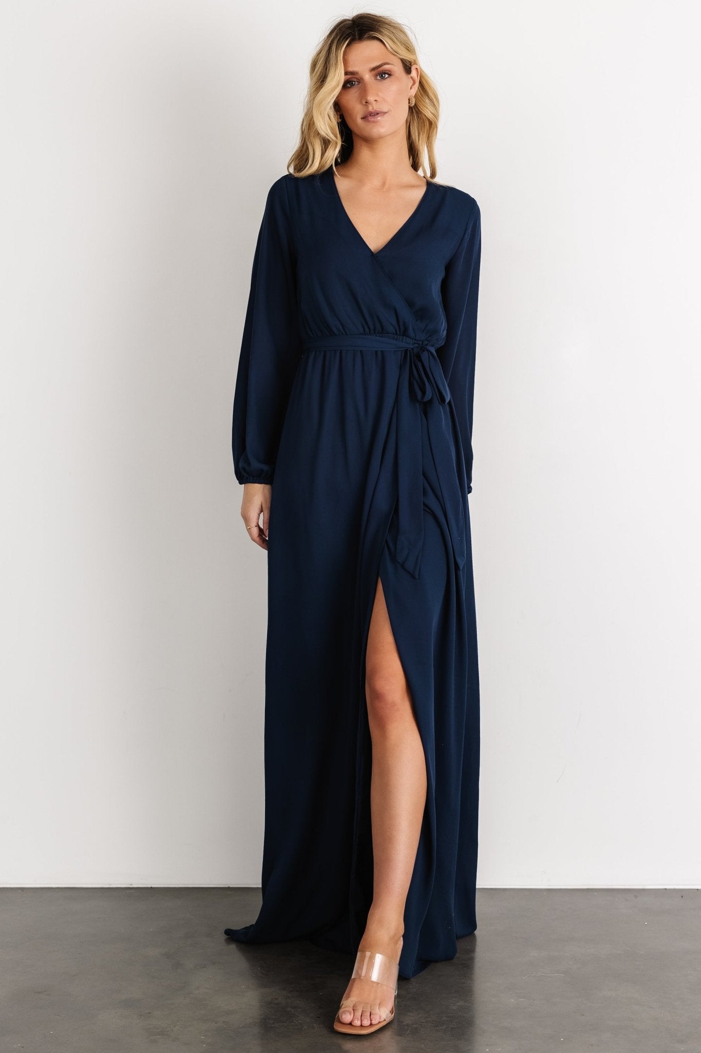 FAUX-WRAP CHIFFON DRESS WITH BLACK Sash Ocean Blue Plus Size
