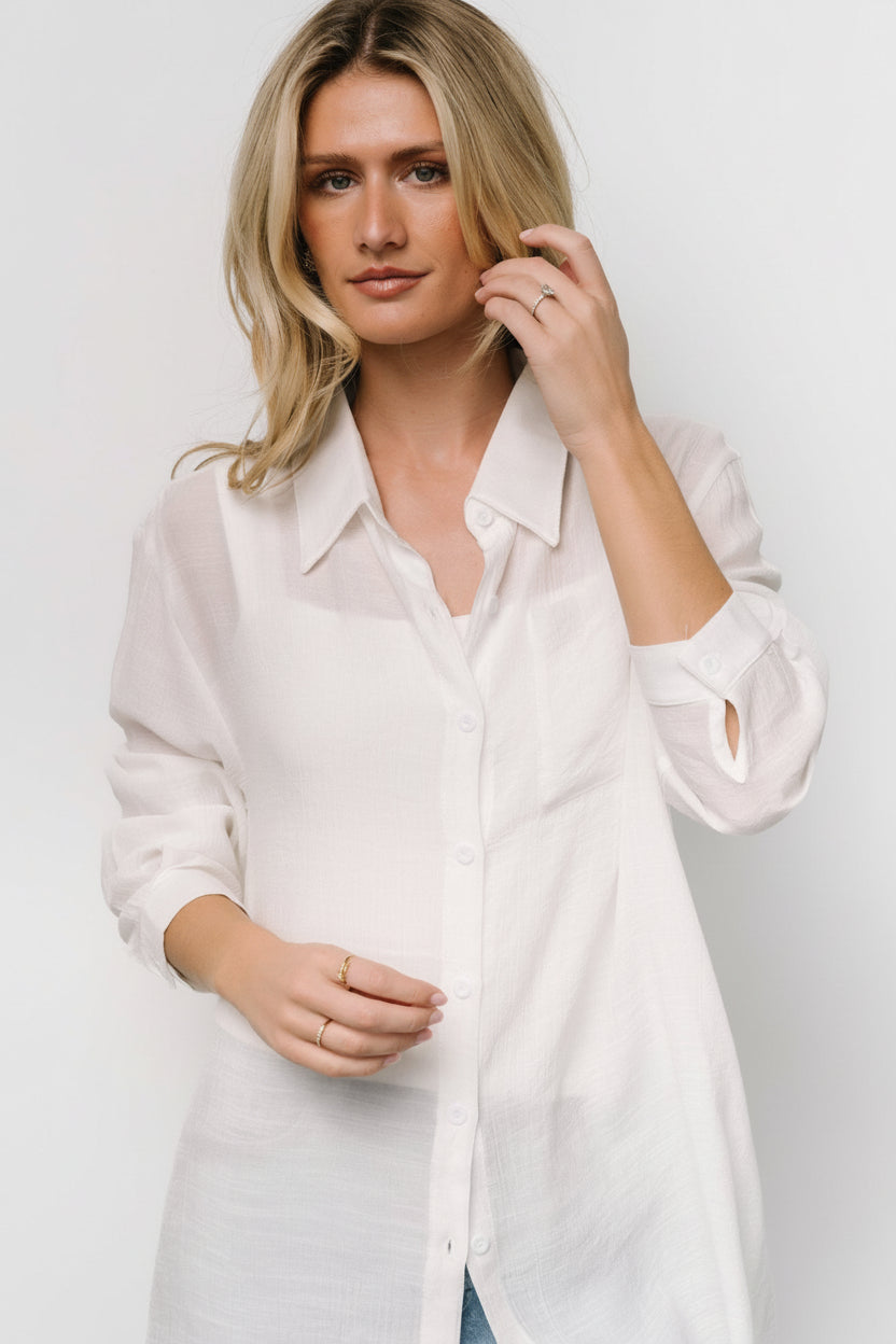 Back and side view of Breck Button Up Top in off white highlighting round hemline and lightweight drape.
