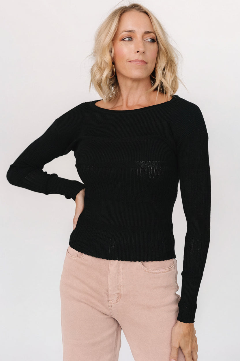 Back view of black Bren sweater top, displaying seam details and ribbed knit construction with subtle shaping.