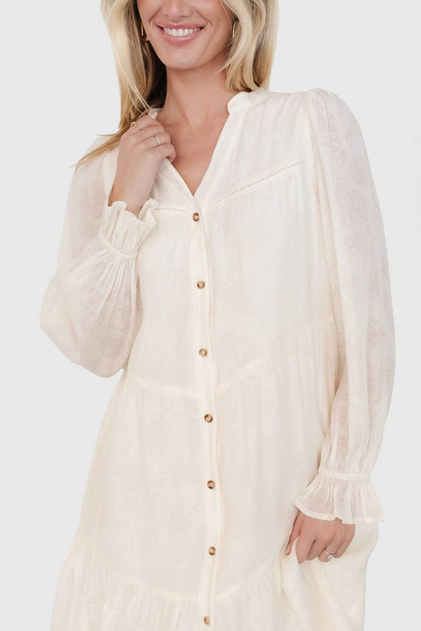 white christmas dresses Structured Long Sleeve Pleated Mini Dress | Cream main image 0