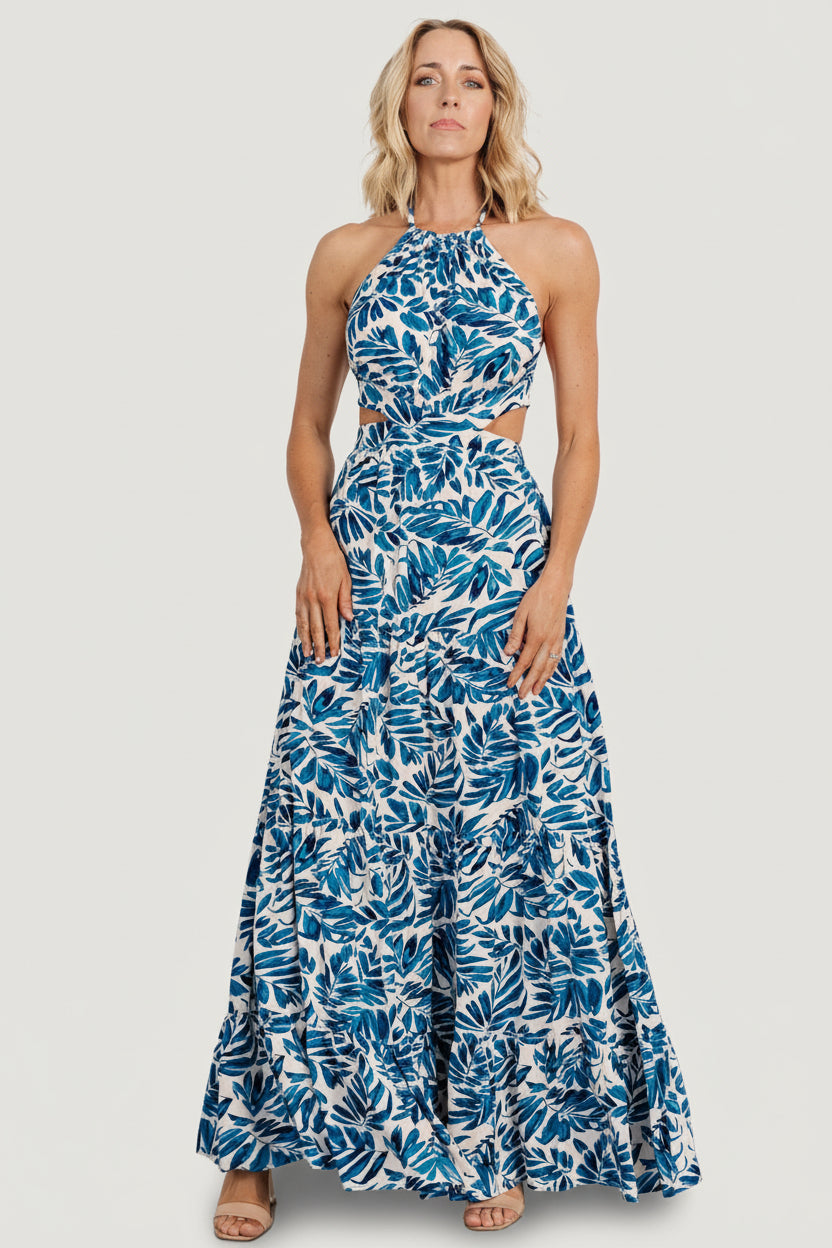 Baltic Born Womens Brett Halter Maxi Dress | Cobalt Print | Color: Navy Print