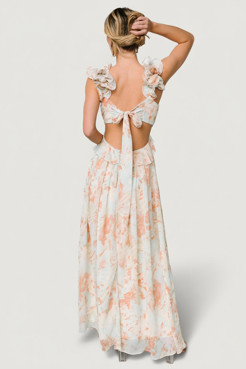 Close-up of ruffle sleeve and elastic detailing on the Brigitta chiffon maxi dress in mint floral print, highlighting fabric texture and trim.