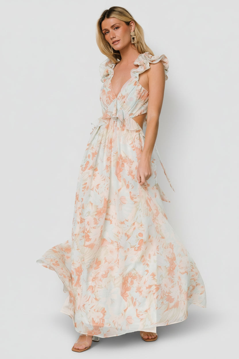 Front view of Brigitta ruffled chiffon maxi dress in mint floral print with deep V-neck, empire waist, and full lining for coverage.