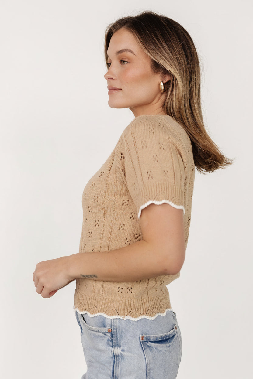 Styled outfit featuring Britt Pointelle Knit Top Natural + Ivory paired with skirt, emphasizing lightweight drape and scalloped cuff detail.