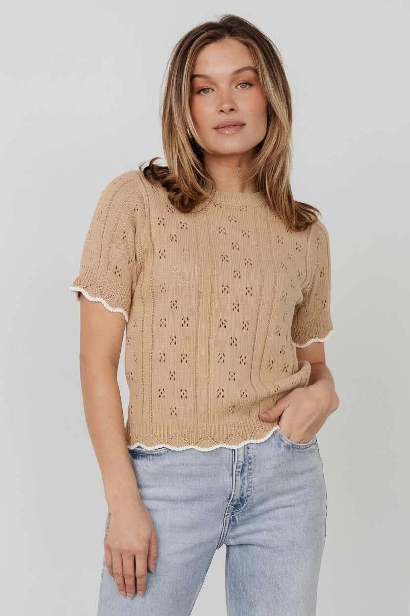 Front view of model wearing Britt Pointelle Knit Top in Natural + Ivory, showing round neckline, scalloped hem, and delicate pointelle texture.