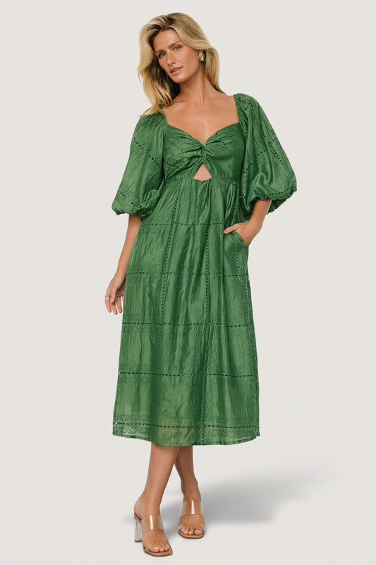 Front view of the Brynn green midi dress showing sweetheart neckline, twist bust, under-bust keyhole and tonal embroidery throughout.
