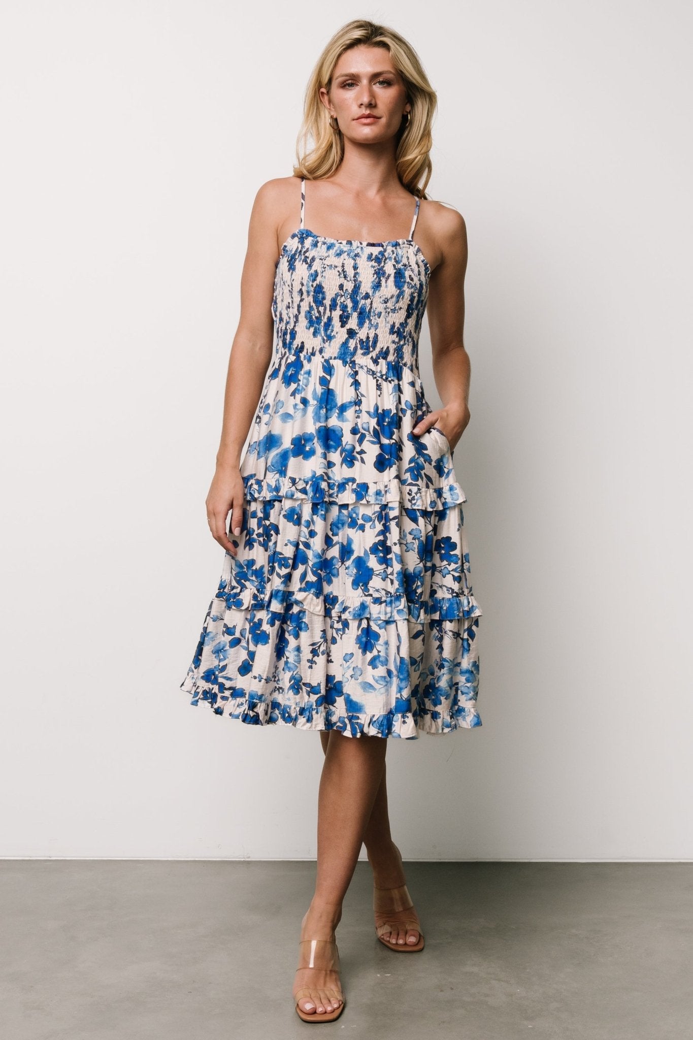 Calina Midi Dress | Ivory + Blue Floral - Baltic Born