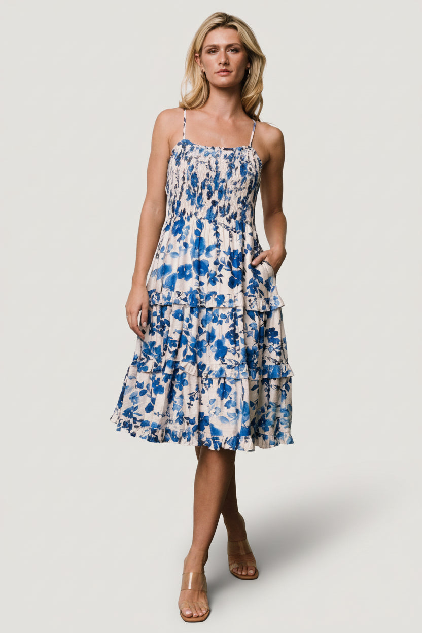 Calina Tiered Midi Dress Ivory & Blue Floral | Baltic Born 1XL Calina Tiered Midi Dress Ivory & Blue Floral | Baltic Born 1XL