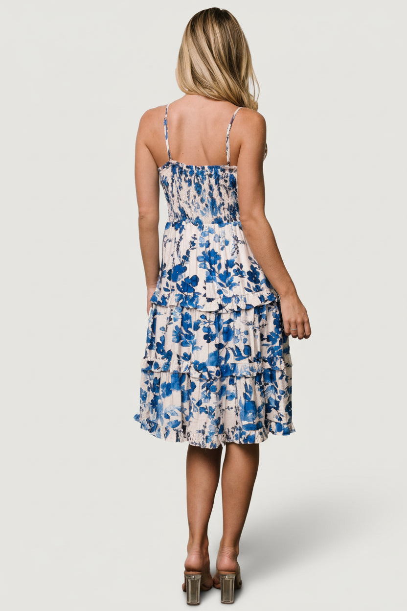 Calina Midi Dress | Ivory + Blue Floral