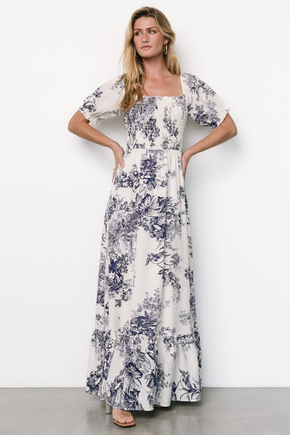 Capri Smocked Maxi Dress | Ivory + Blue Floral - Baltic Born