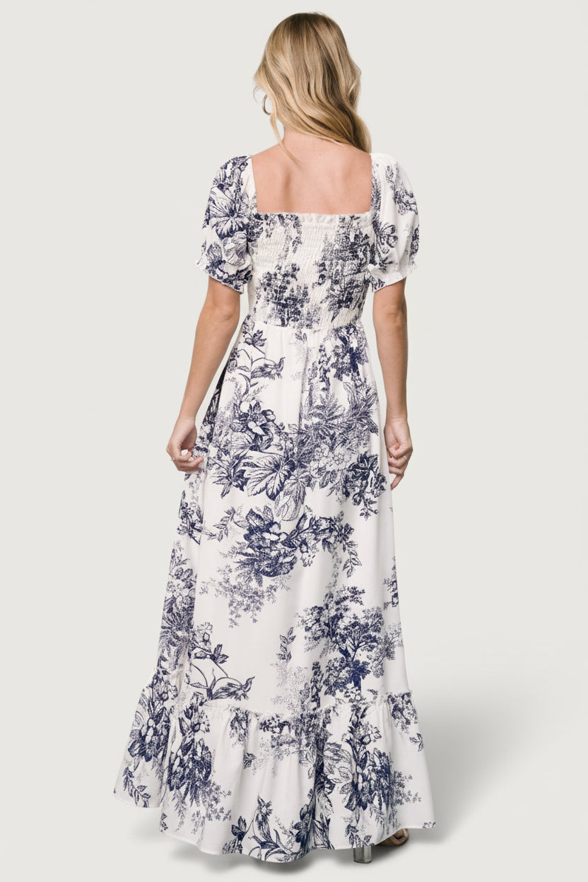 Capri Smocked Maxi Dress | Ivory + Blue Floral