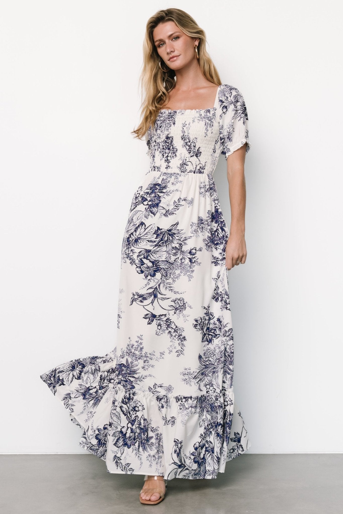 Capri Smocked Maxi Dress | Ivory + Blue Floral - Baltic Born