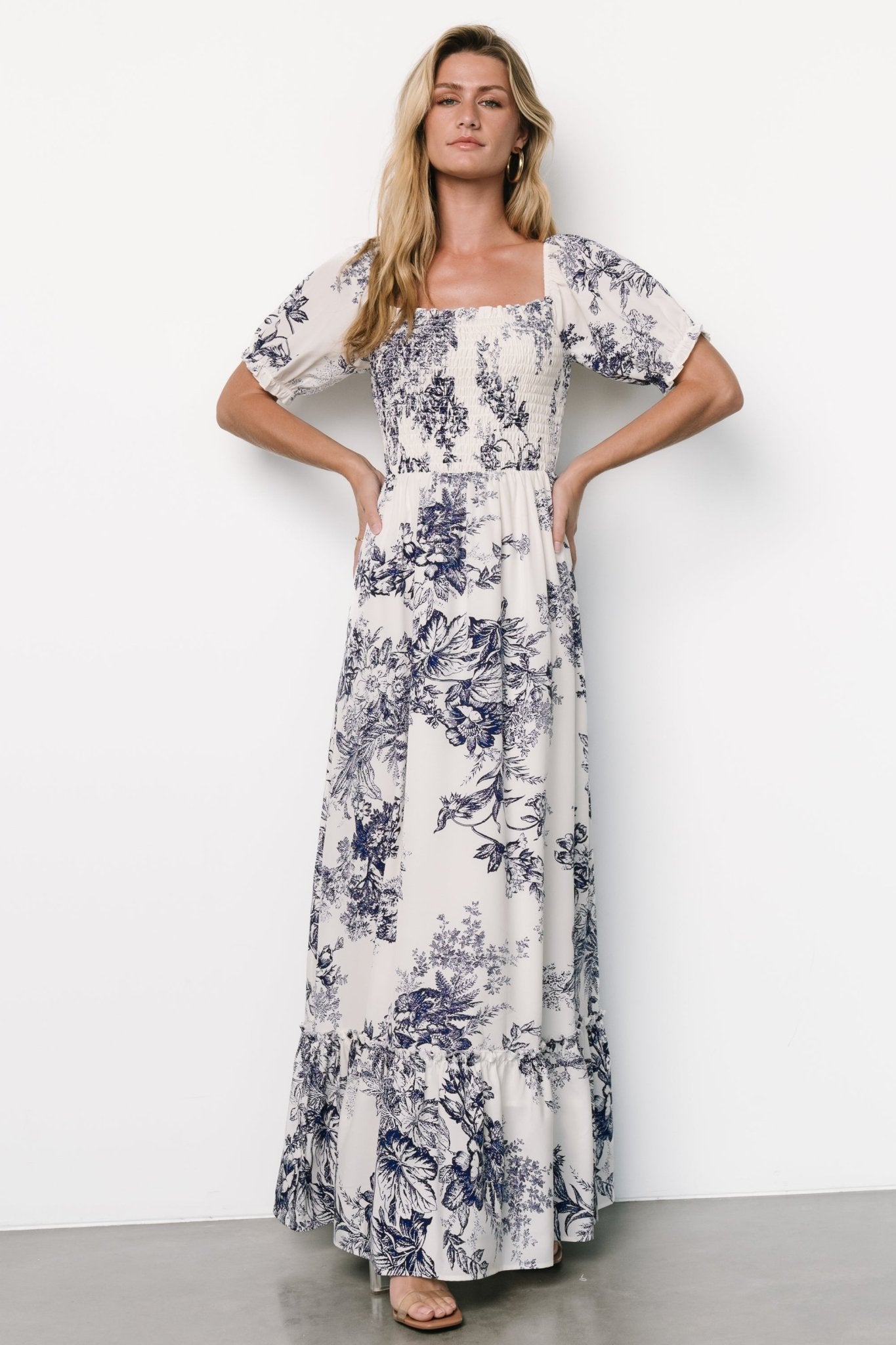 Capri Smocked Maxi Dress | Ivory + Blue Floral - Baltic Born